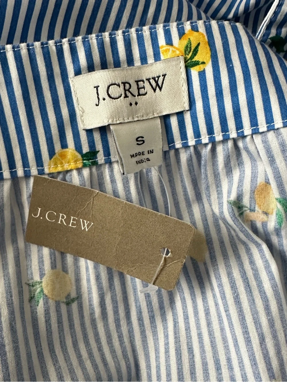J. Crew Blue Striped Lemon Print Square Neck Puff Sleeve Top Size Small